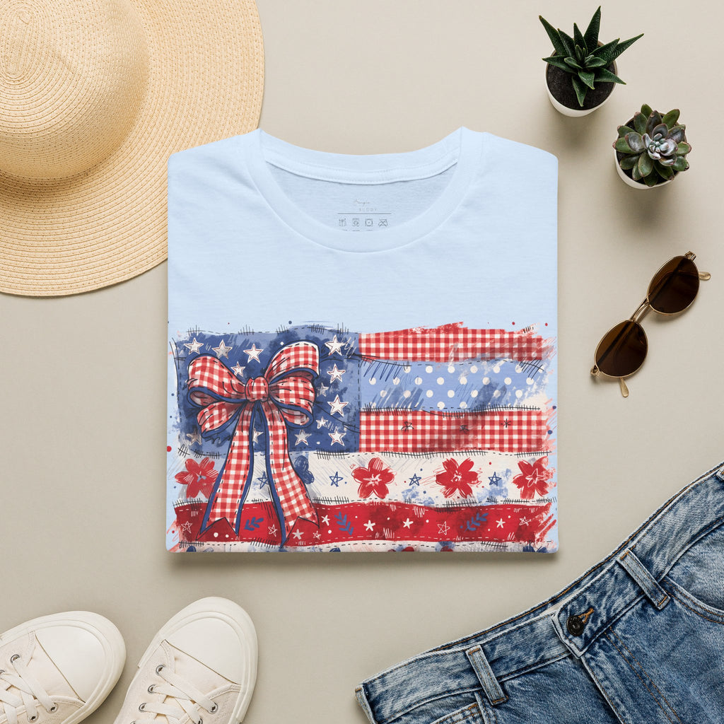 Patriotic Flag Bow T-Shirt — American Red White Blue Fourth of July Tee