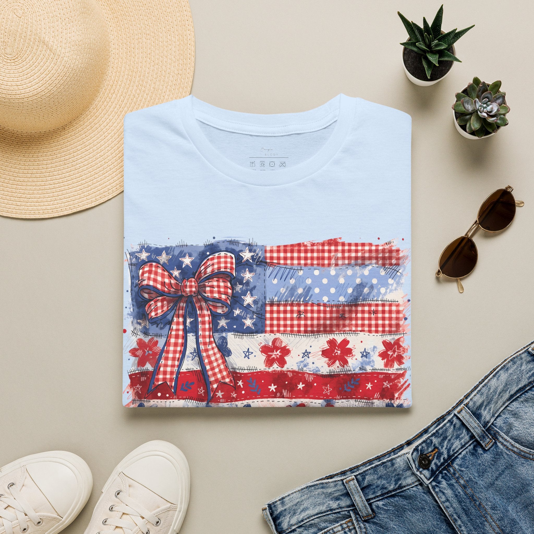 Patriotic Flag Bow T-Shirt — American Red White Blue Fourth of July Tee