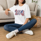 250 Patriotic T-Shirt — USA Flag Number Tee with Stars & Bows (Fourth of July)