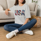 USA Patriotic T-Shirt — Distressed Flag Letters with Bows (4th of July)