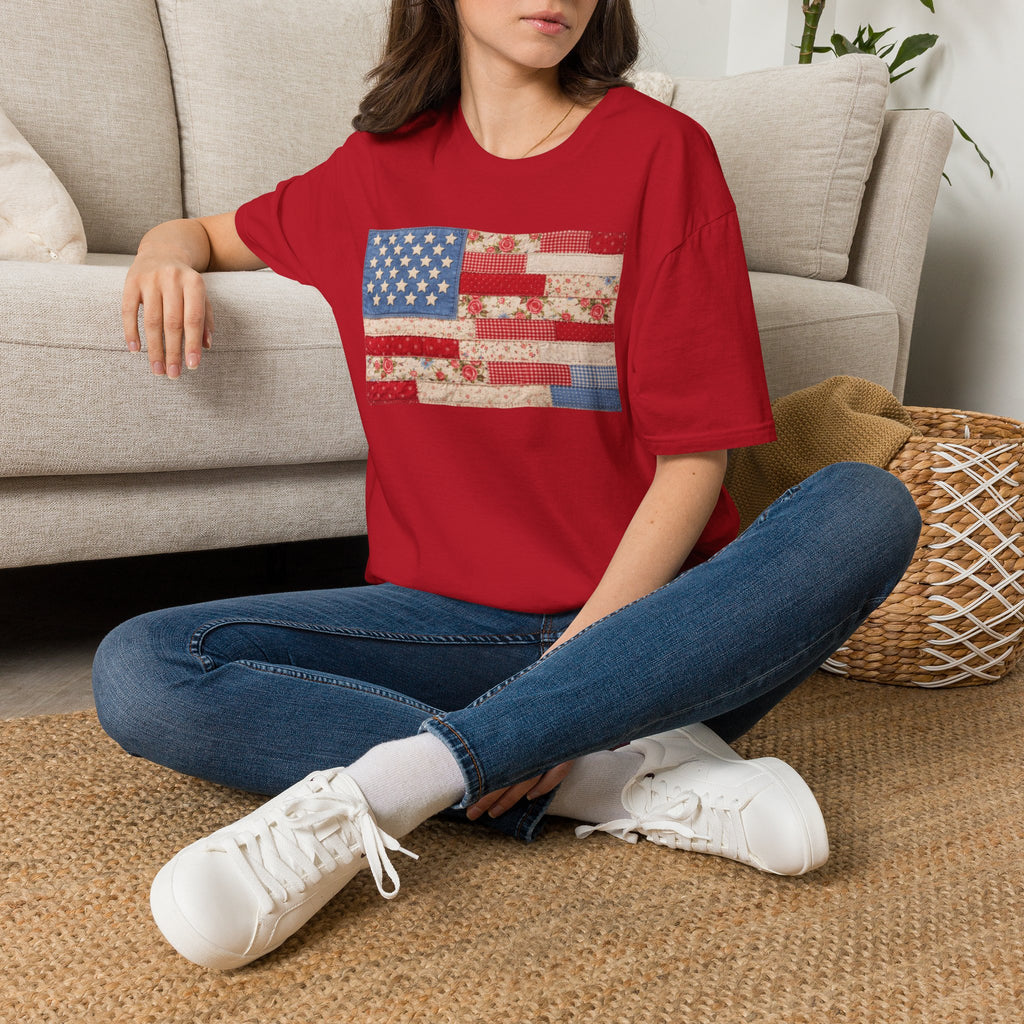Patchwork American Flag T-Shirt — Vintage Floral Patriotic Tee
