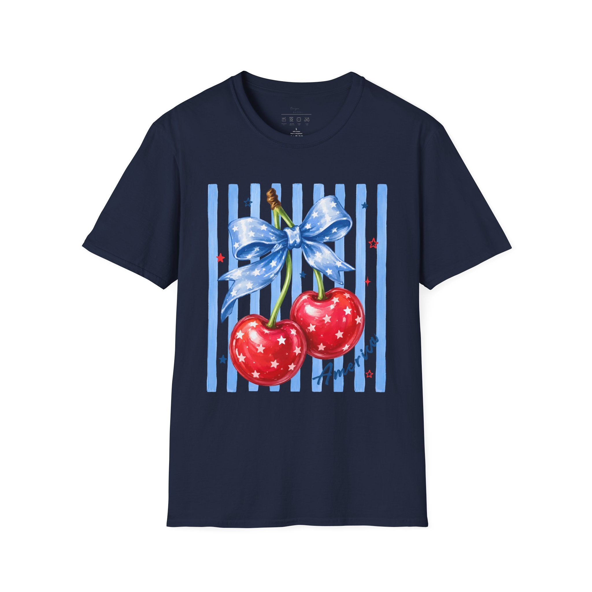 Cherry Graphic T-Shirt — Blue Bow & Striped Summer Tee