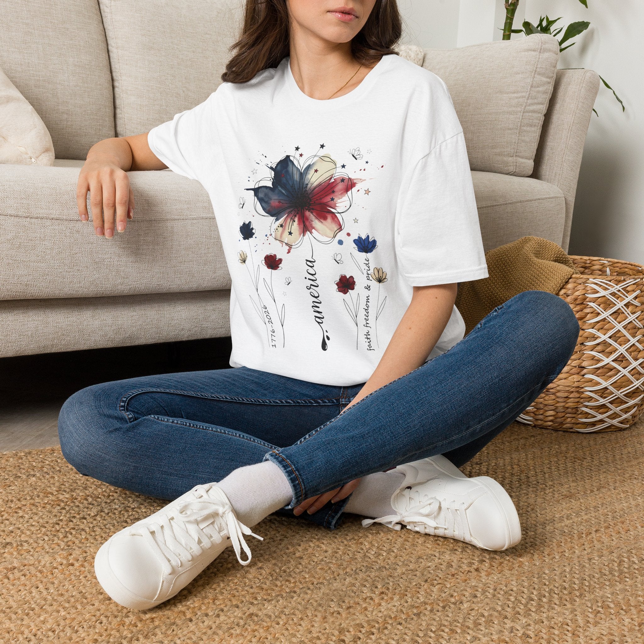 Butterfly Watercolor T-Shirt — Patriotic Red White Blue Floral Graphic