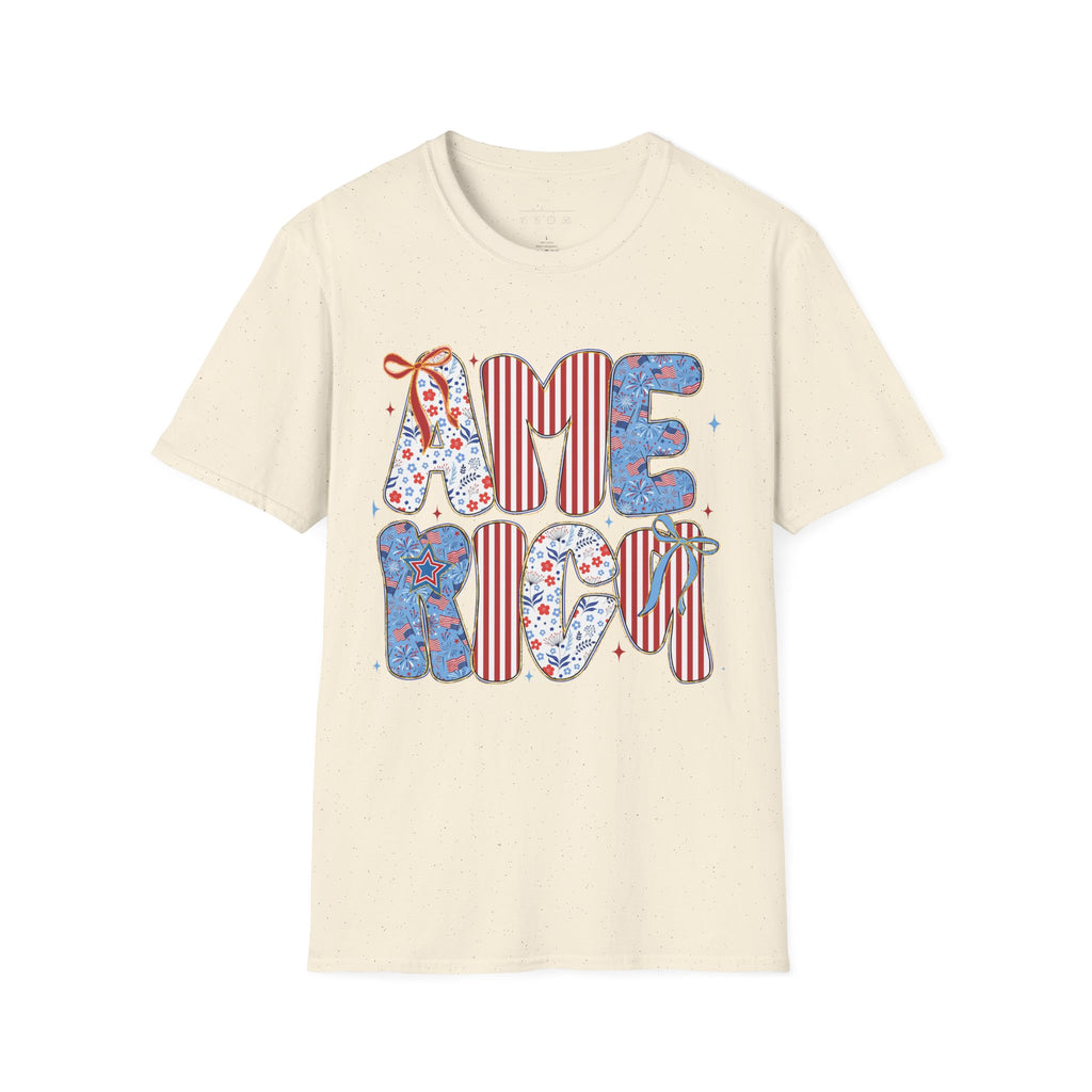 AME Retro Patriotic T-Shirt — Red White Blue Floral & Stripes Graphic Tee