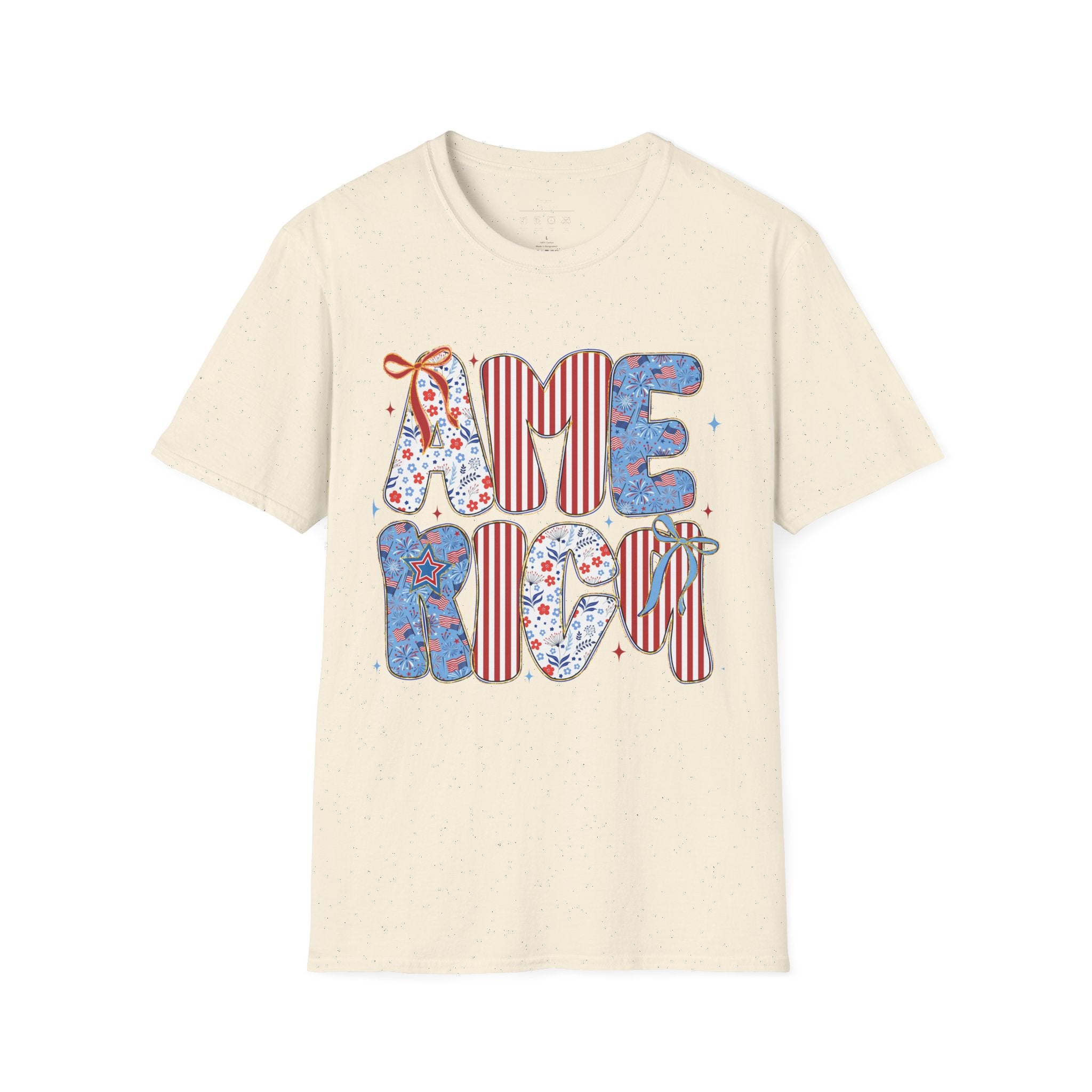 AME Retro Patriotic T-Shirt — Red White Blue Floral & Stripes Graphic Tee