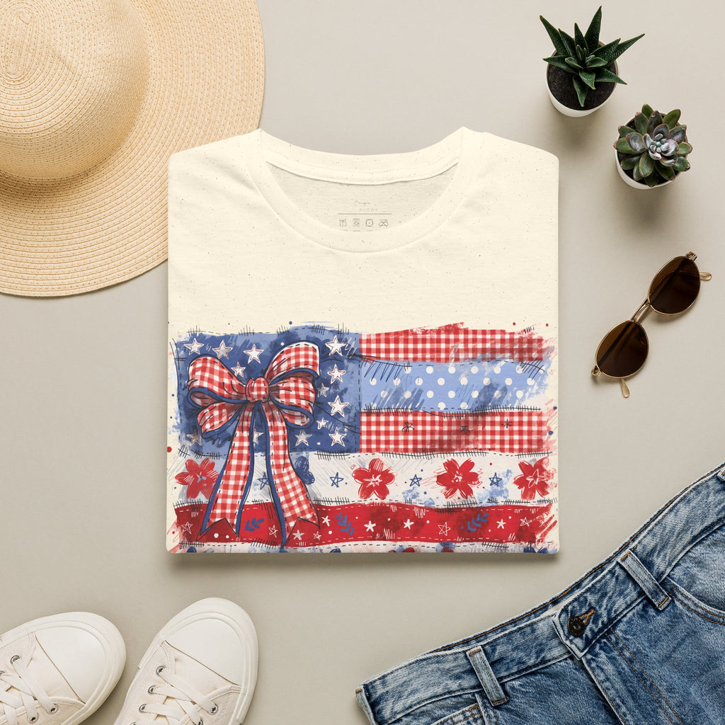 Patriotic Flag Bow T-Shirt — American Red White Blue Fourth of July Tee