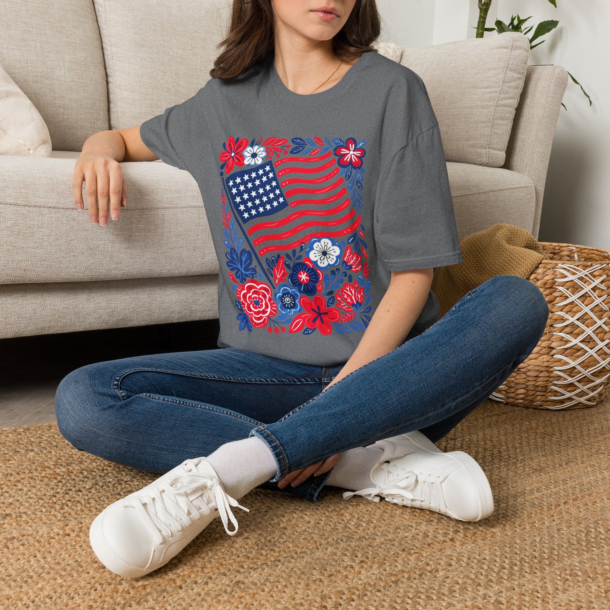 American Flag Floral T-Shirt — Patriotic Stars & Stripes Tee