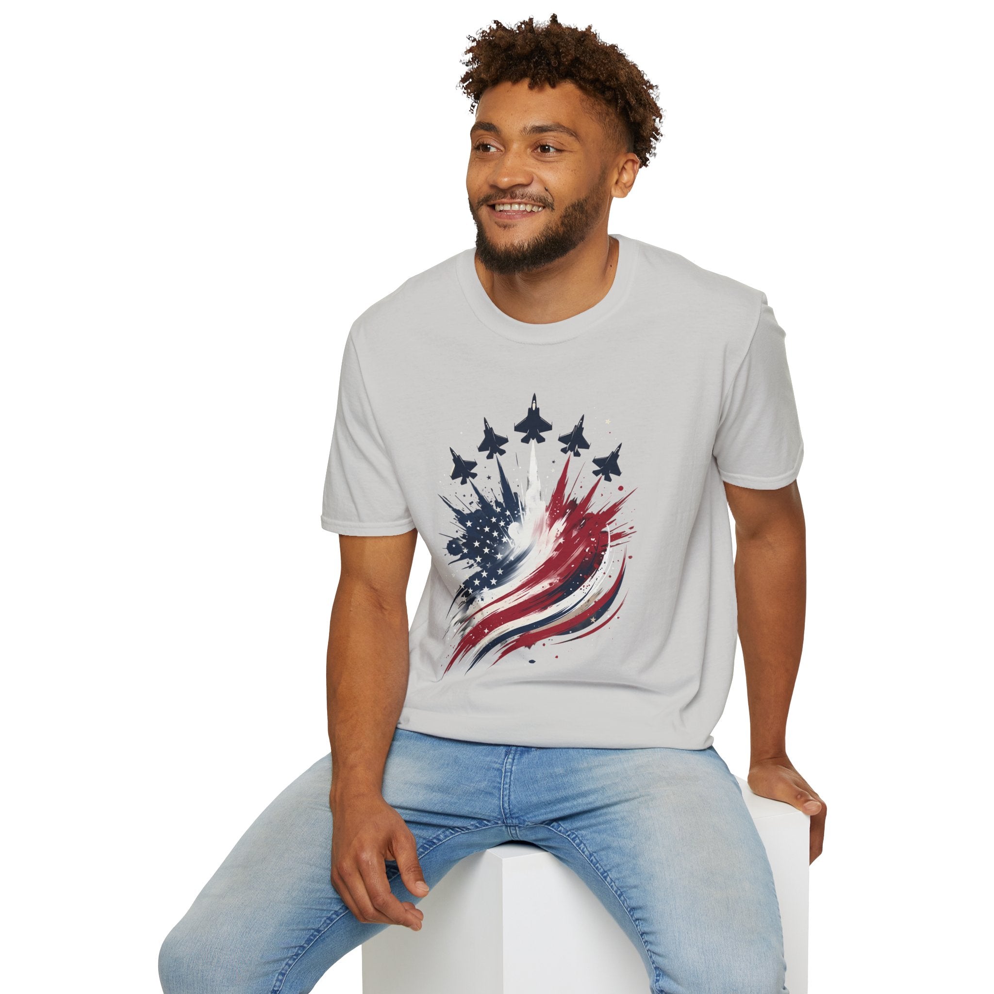 T-Shirt — Patriotic Jet Flyover with American Flag Splash