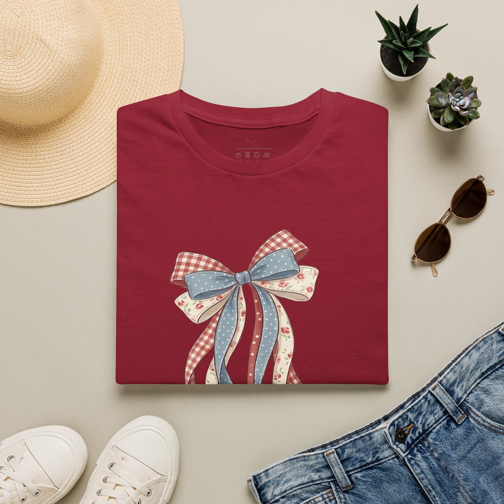 Bow Ribbon T-Shirt — Vintage Americana Floral & Gingham Bow Tee
