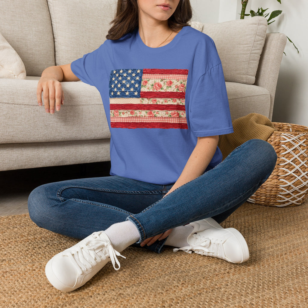 Patriotic Floral American Flag T-Shirt — Vintage Rose USA Tee for Fourth of July