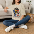 T-Shirt — Patriotic Sunflower Messy Bun (America)
