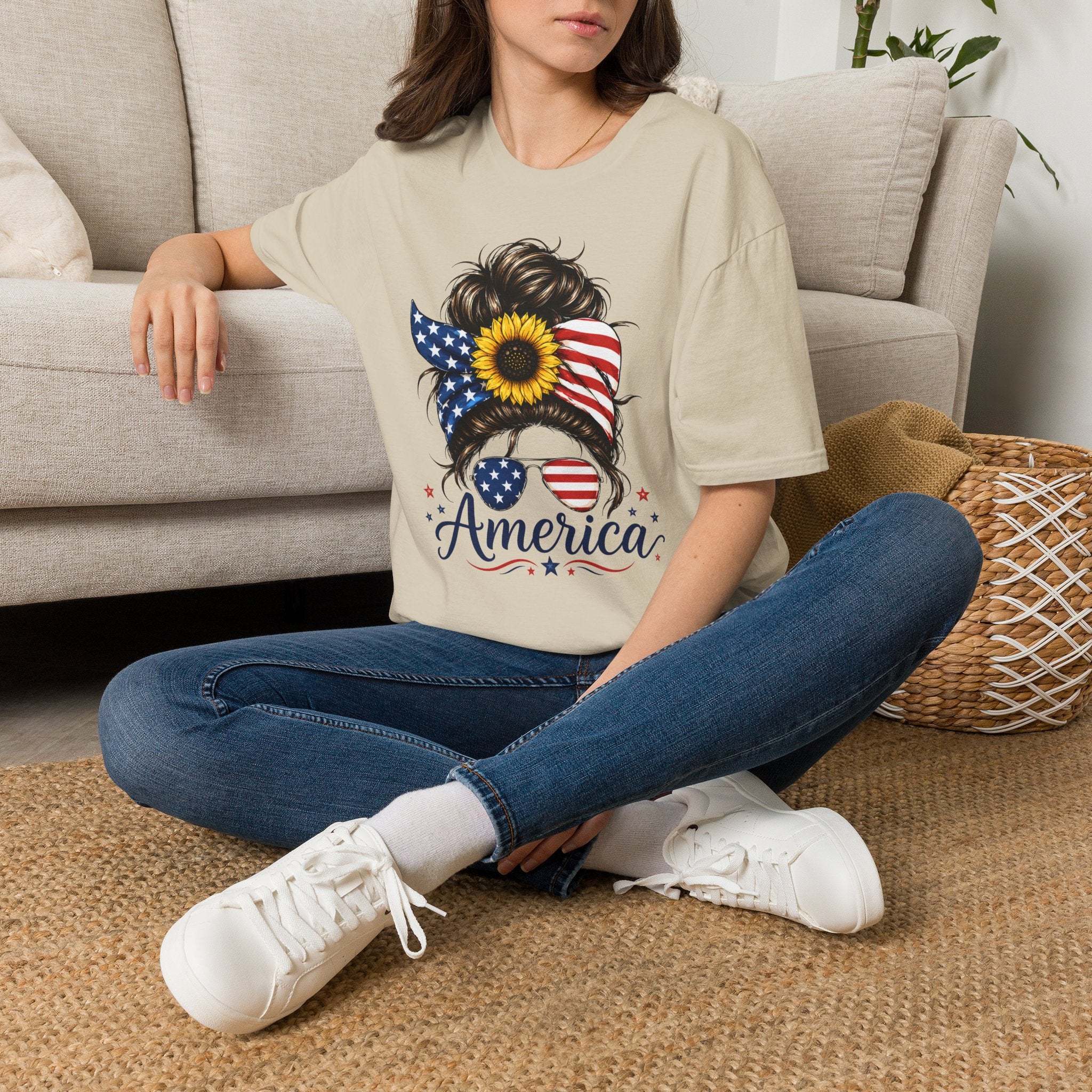 T-Shirt — Patriotic Sunflower Messy Bun (America)