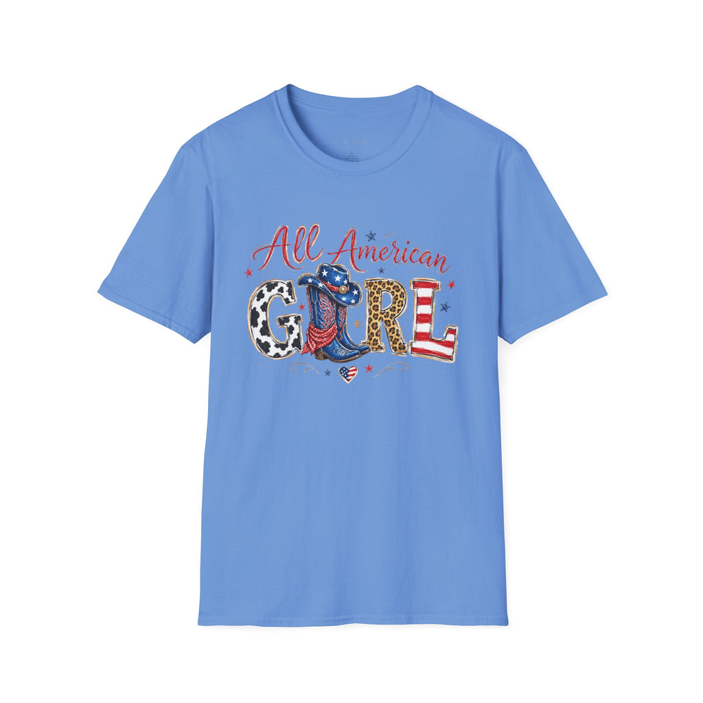 All American Girl T-Shirt — Patriotic USA Leopard & Flag Graphic Tee
