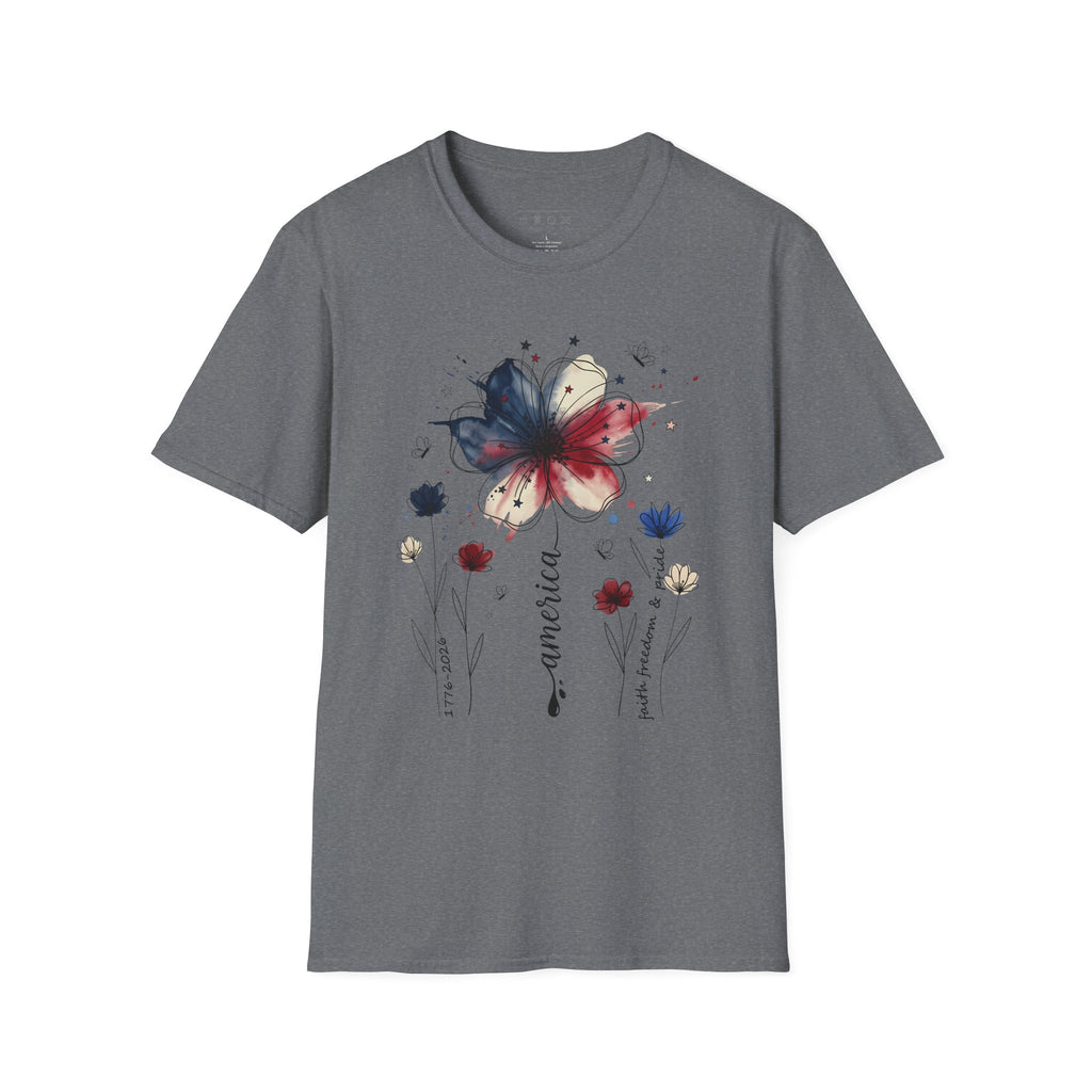 Butterfly Watercolor T-Shirt — Patriotic Red White Blue Floral Graphic