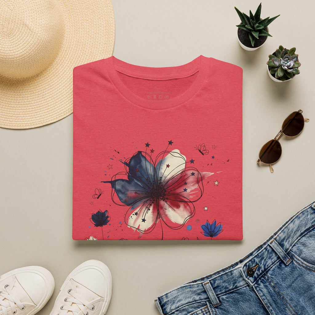 Butterfly Watercolor T-Shirt — Patriotic Red White Blue Floral Graphic