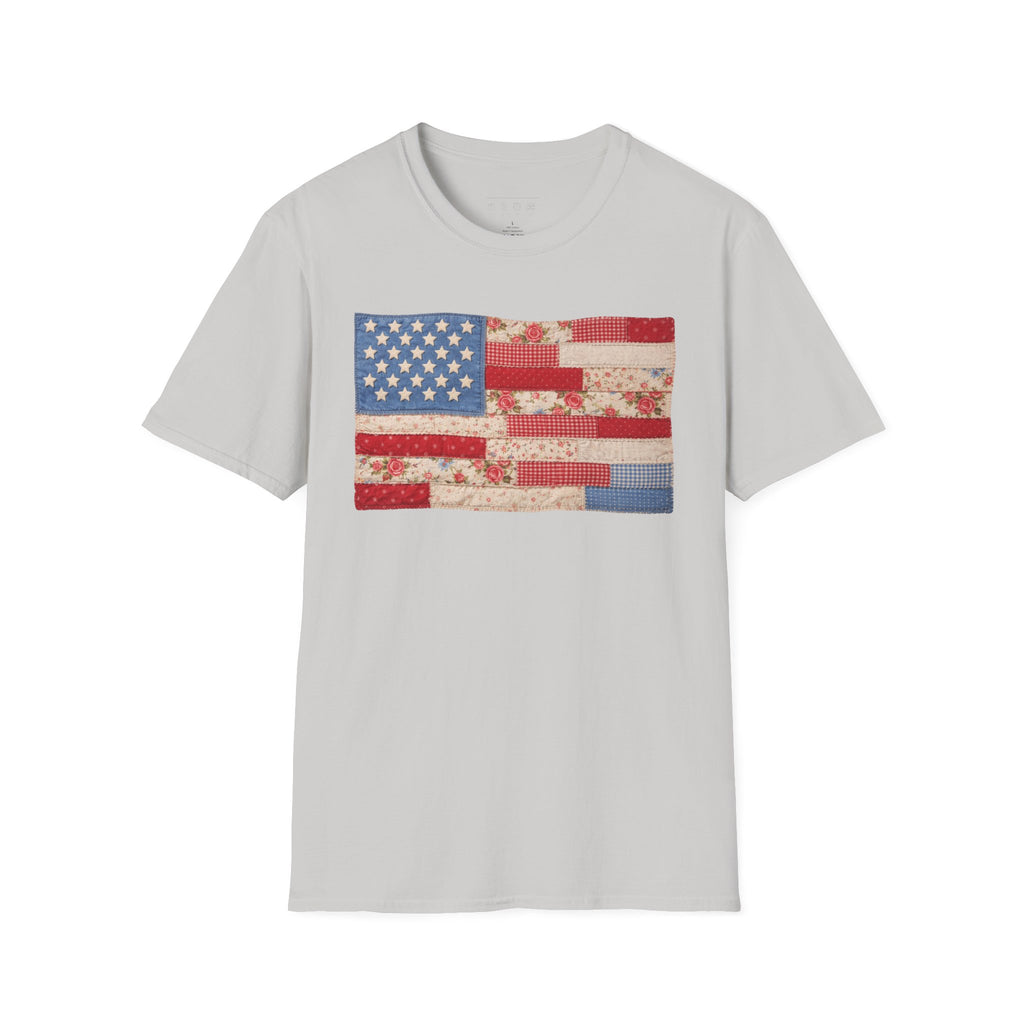 Patchwork American Flag T-Shirt — Vintage Floral Patriotic Tee
