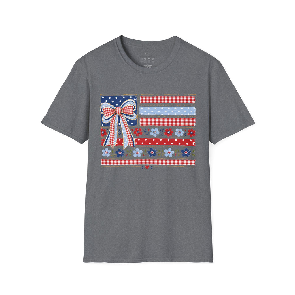 Patriotic Bow Flag T-Shirt – Red White Blue American Floral Plaid Tee