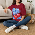 Cherry Graphic T-Shirt — Blue Bow & Striped Summer Tee