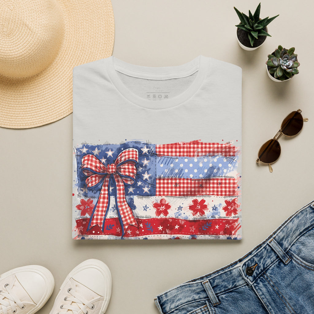 Patriotic Flag Bow T-Shirt — American Red White Blue Fourth of July Tee