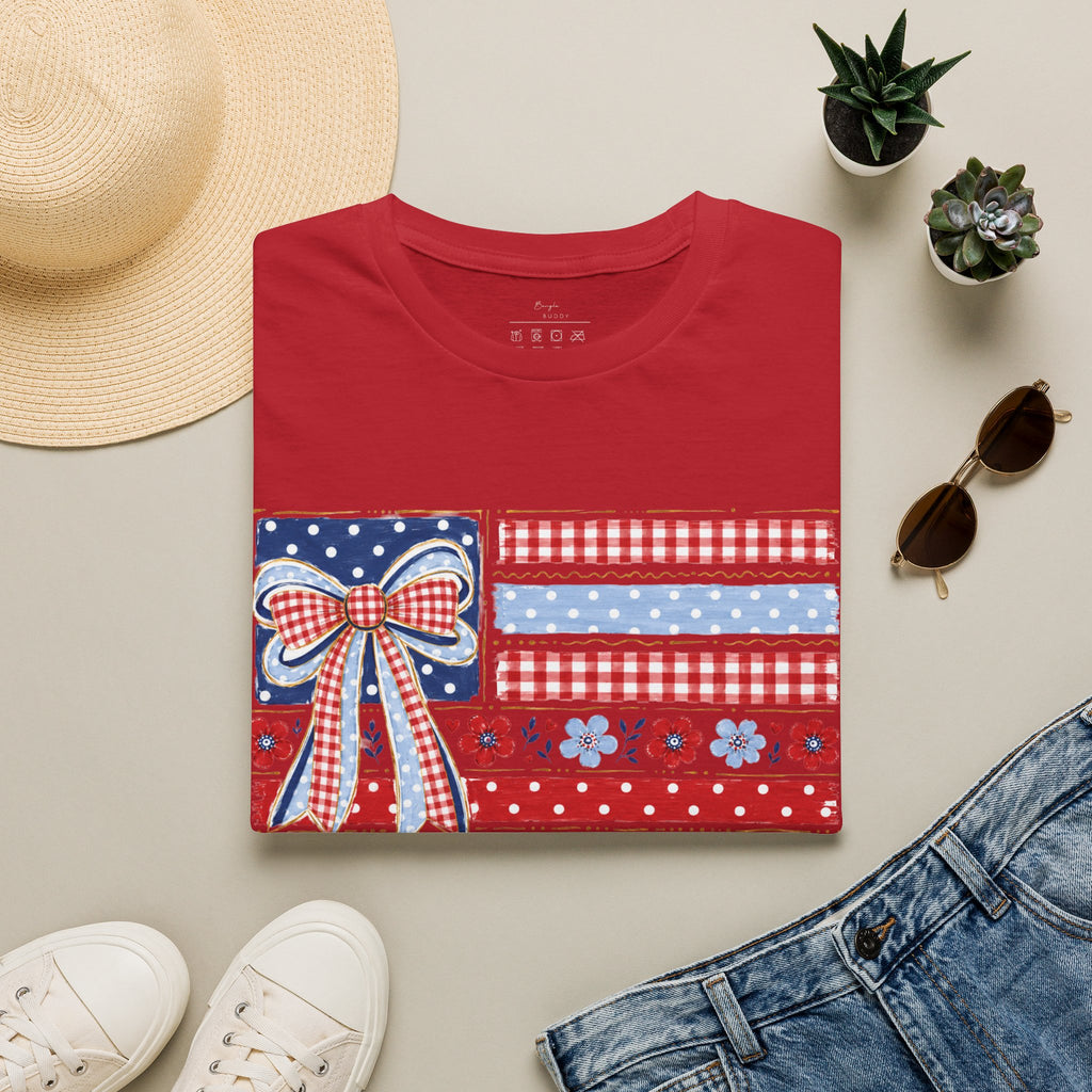 Patriotic Bow Flag T-Shirt – Red White Blue American Floral Plaid Tee