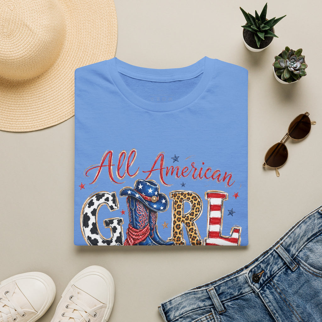 All American Girl T-Shirt — Patriotic USA Leopard & Flag Graphic Tee