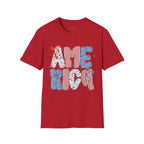 AME Retro Patriotic T-Shirt — Red White Blue Floral & Stripes Graphic Tee