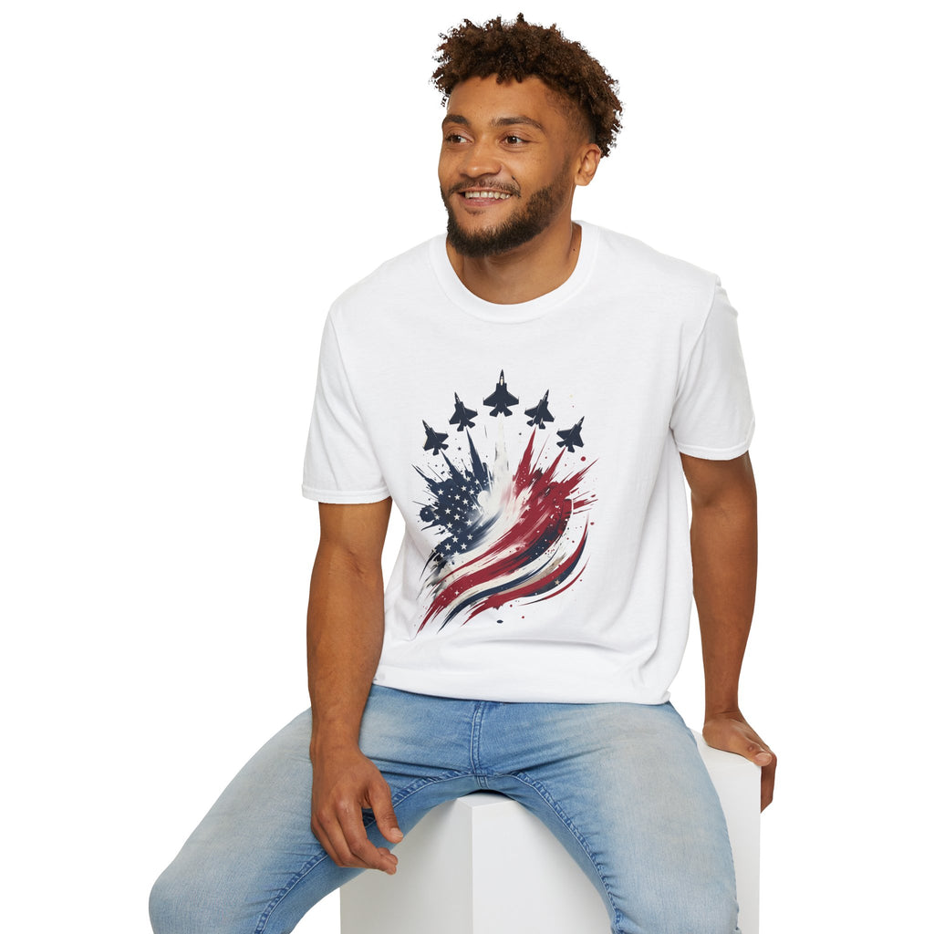 T-Shirt — Patriotic Jet Flyover with American Flag Splash