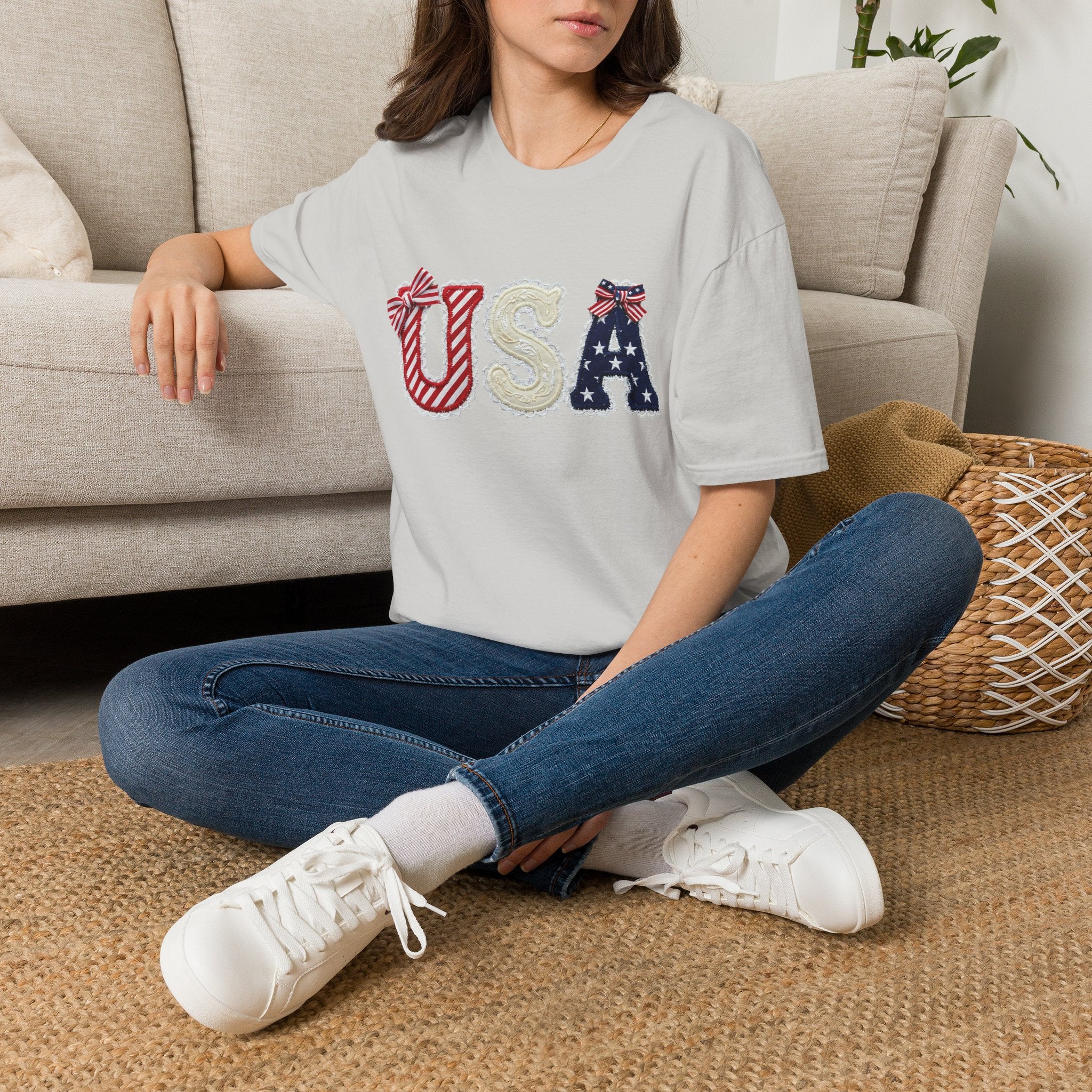 USA Applique T-Shirt — Patriotic 4th of July Flag Letter Tee