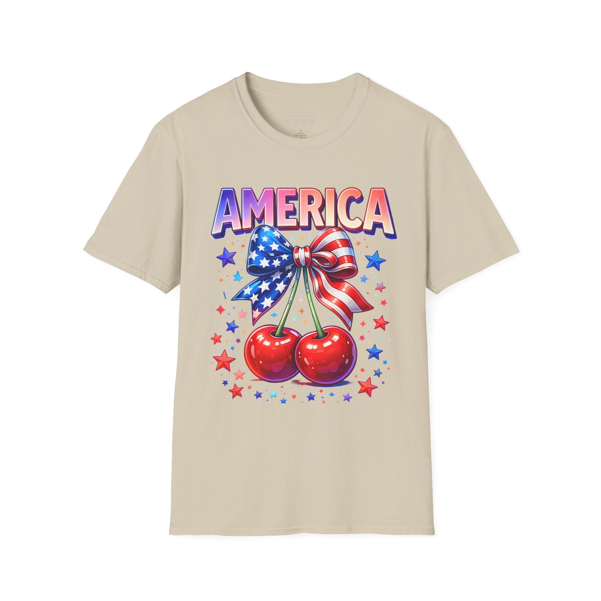 America Patriotic Cherry Graphic T-Shirt — USA Flag Bow 4th of July Tee