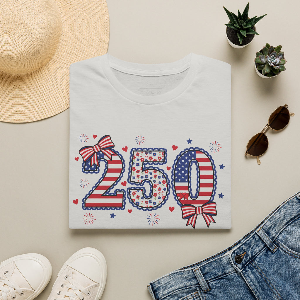 250 Patriotic T-Shirt — USA Flag Number Tee with Stars & Bows (Fourth of July)