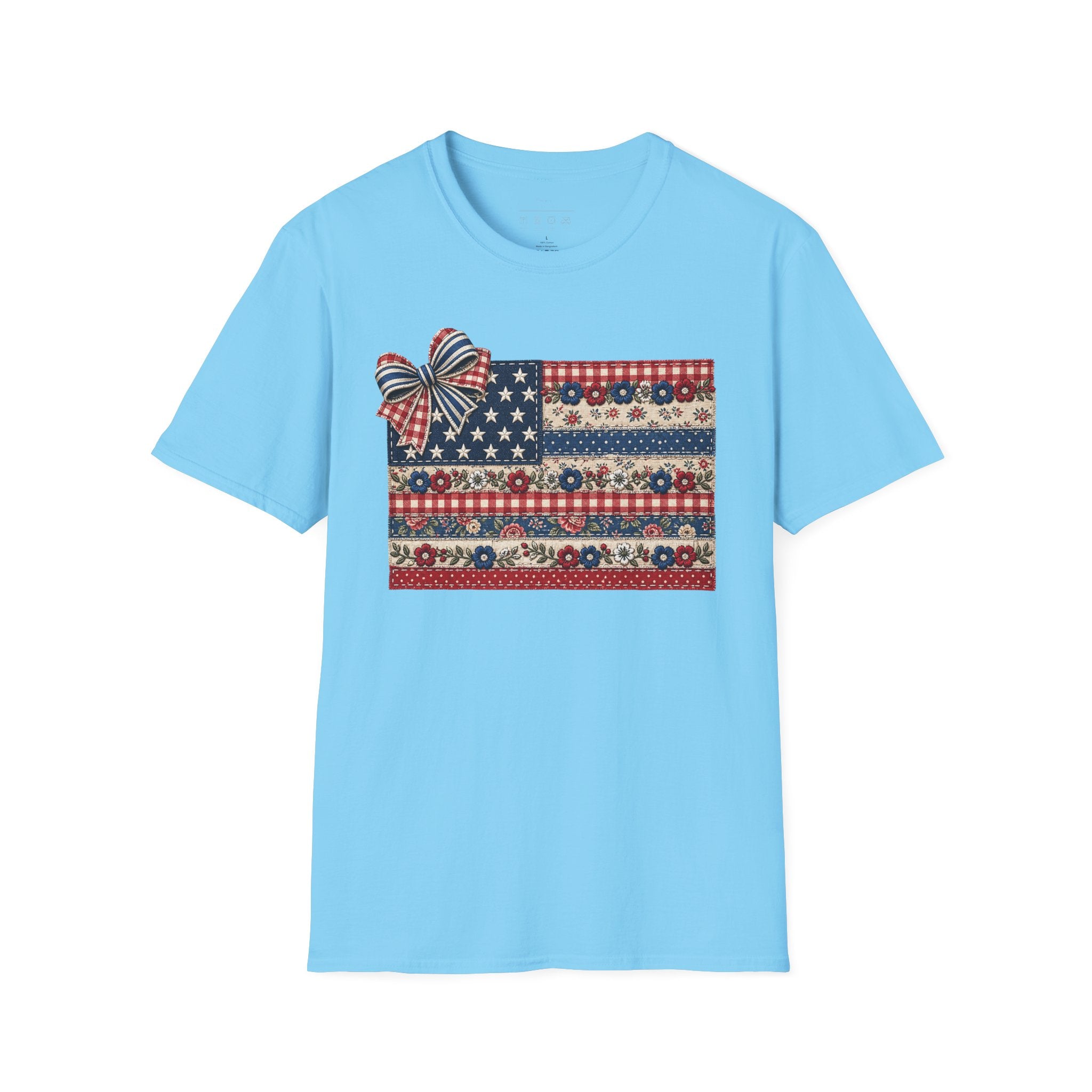 Patriotic Floral Flag T-Shirt — Americana Bow Stars & Stripes Top