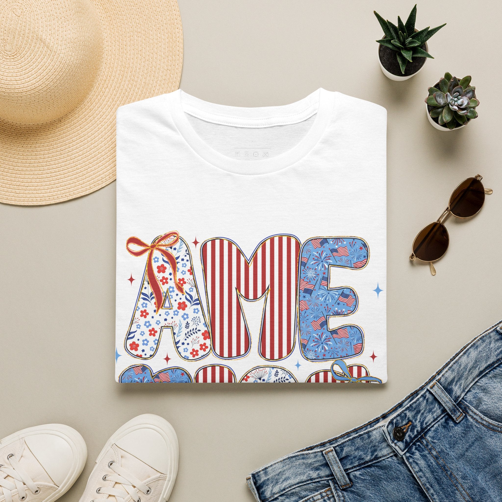 AME Retro Patriotic T-Shirt — Red White Blue Floral & Stripes Graphic Tee