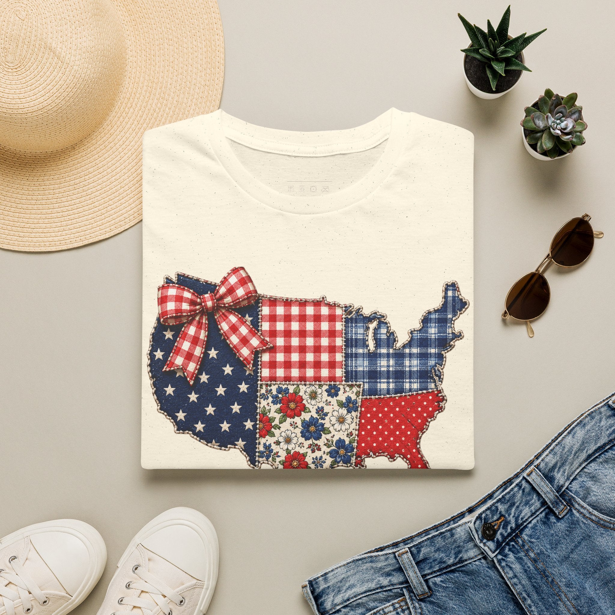 Patriotic Patchwork USA T-Shirt — Quilted Red White & Blue Map Tee