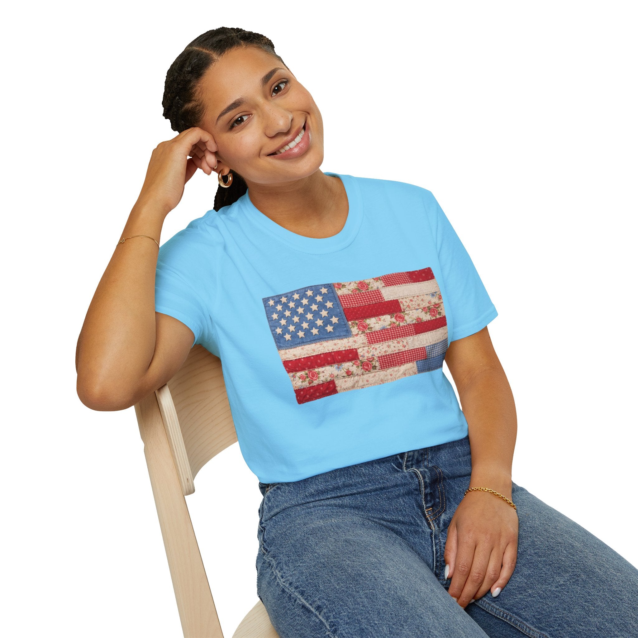 Patchwork American Flag T-Shirt — Vintage Floral Patriotic Tee