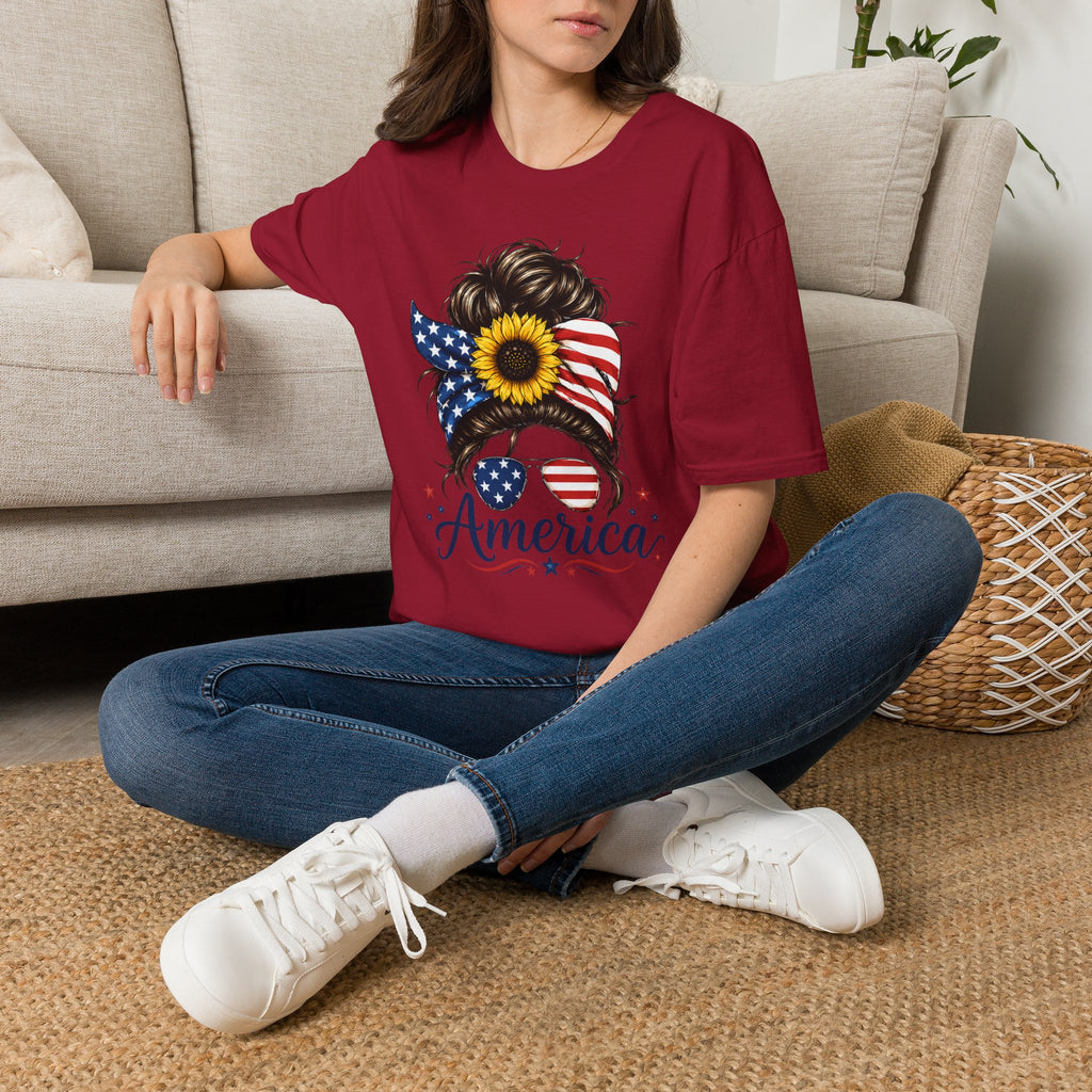 T-Shirt — Patriotic Sunflower Messy Bun (America)