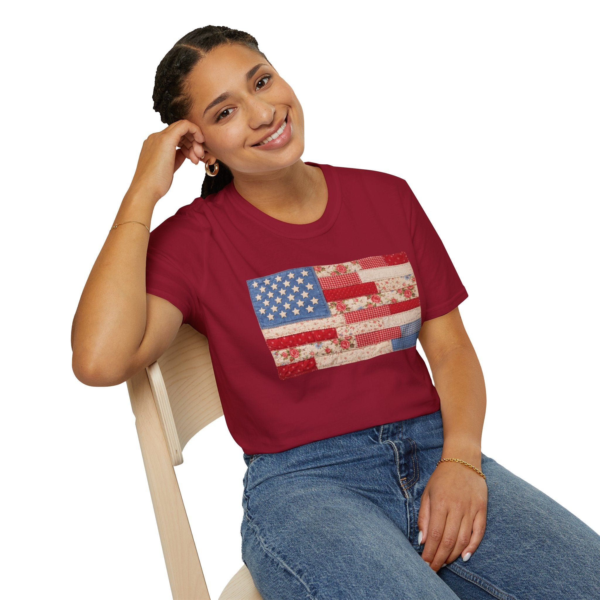 Patchwork American Flag T-Shirt — Vintage Floral Patriotic Tee