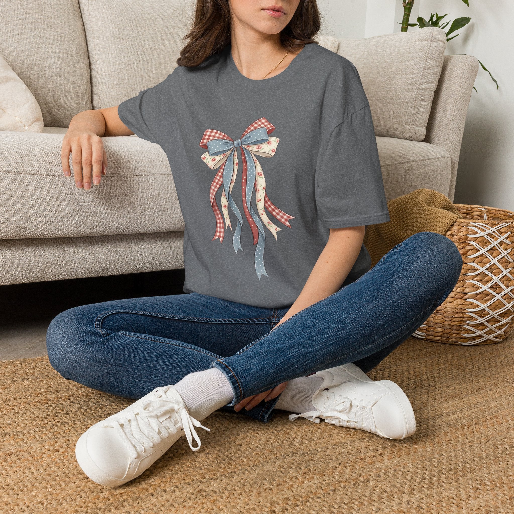 Bow Ribbon T-Shirt — Vintage Americana Floral & Gingham Bow Tee