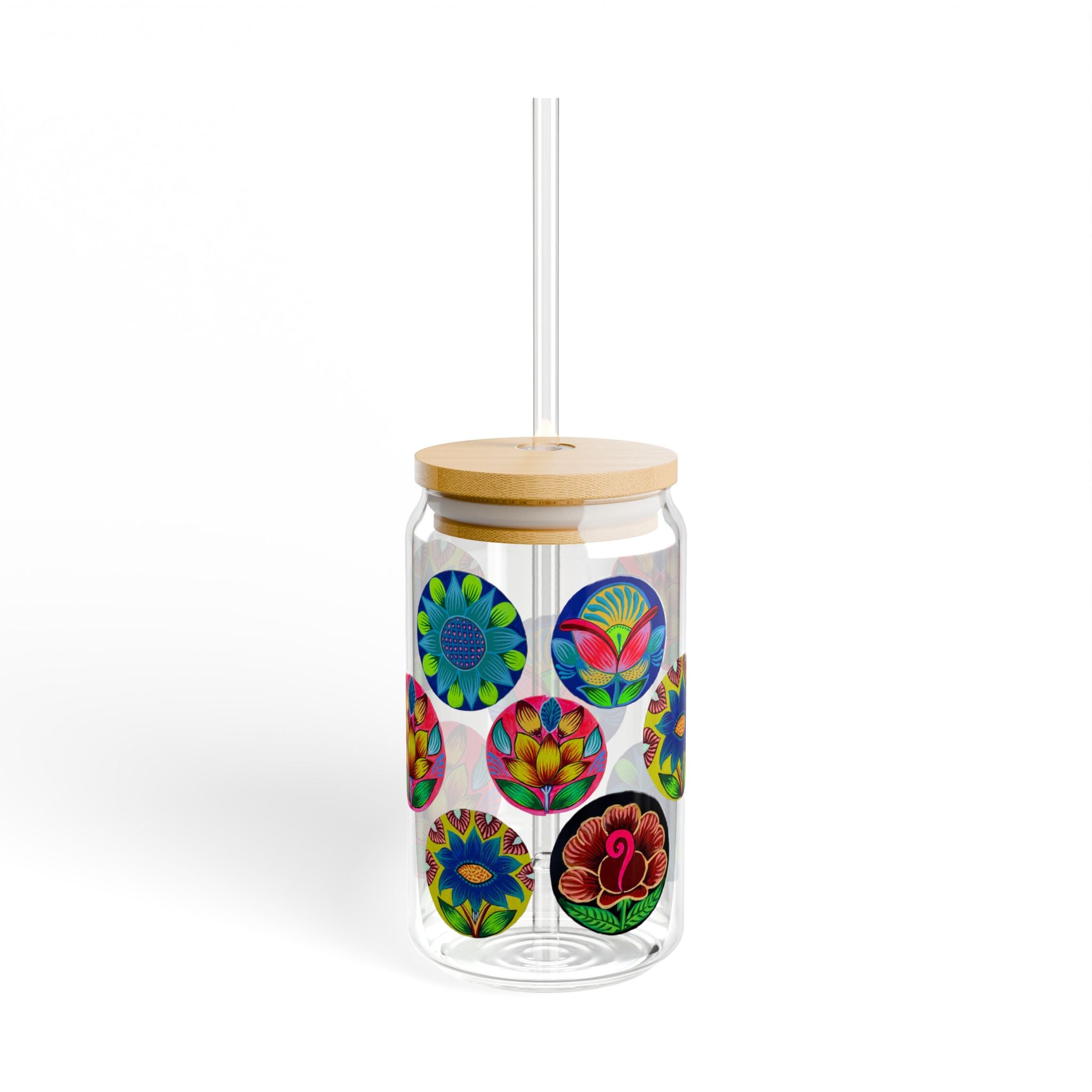 16oz Floral Mandala Sipper Glass with Bamboo Lid & Straw