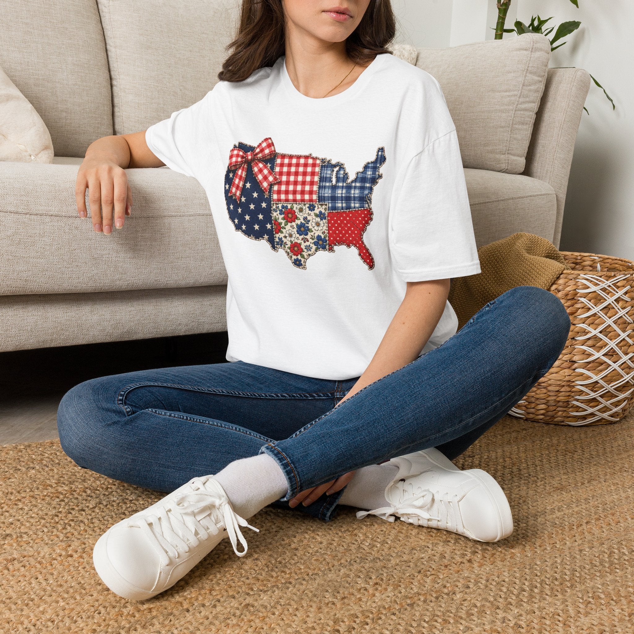 Patriotic Patchwork USA T-Shirt — Quilted Red White & Blue Map Tee