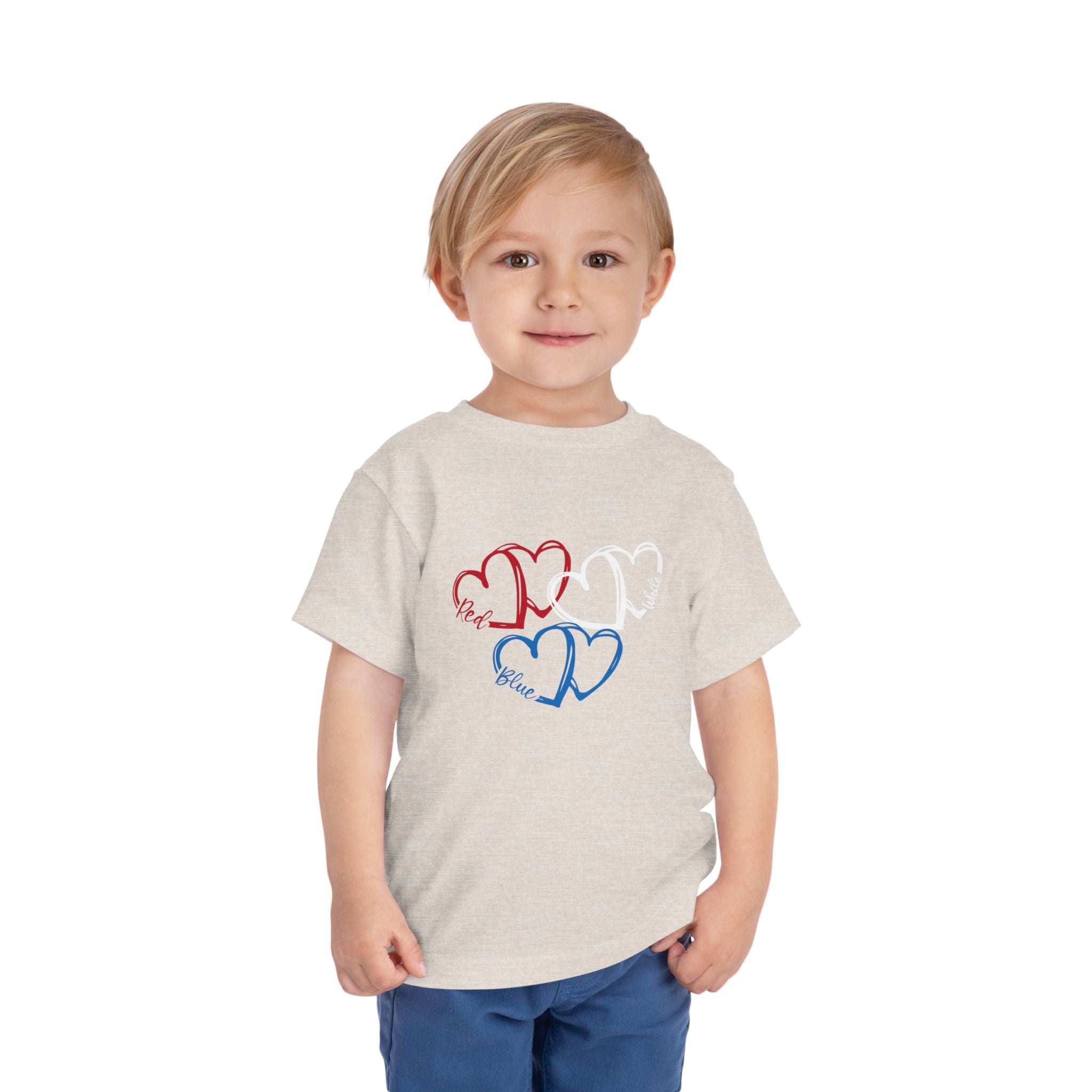 Toddler Tee — Red White Blue Heart Trio (Patriotic Kids Shirt)