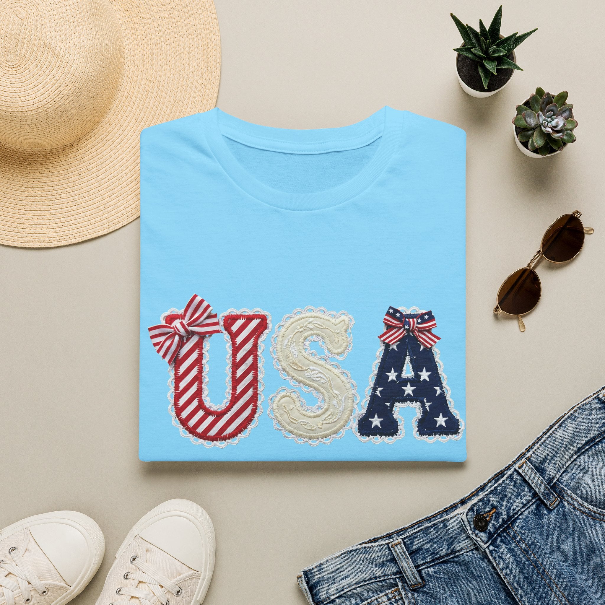 USA Applique T-Shirt — Patriotic 4th of July Flag Letter Tee