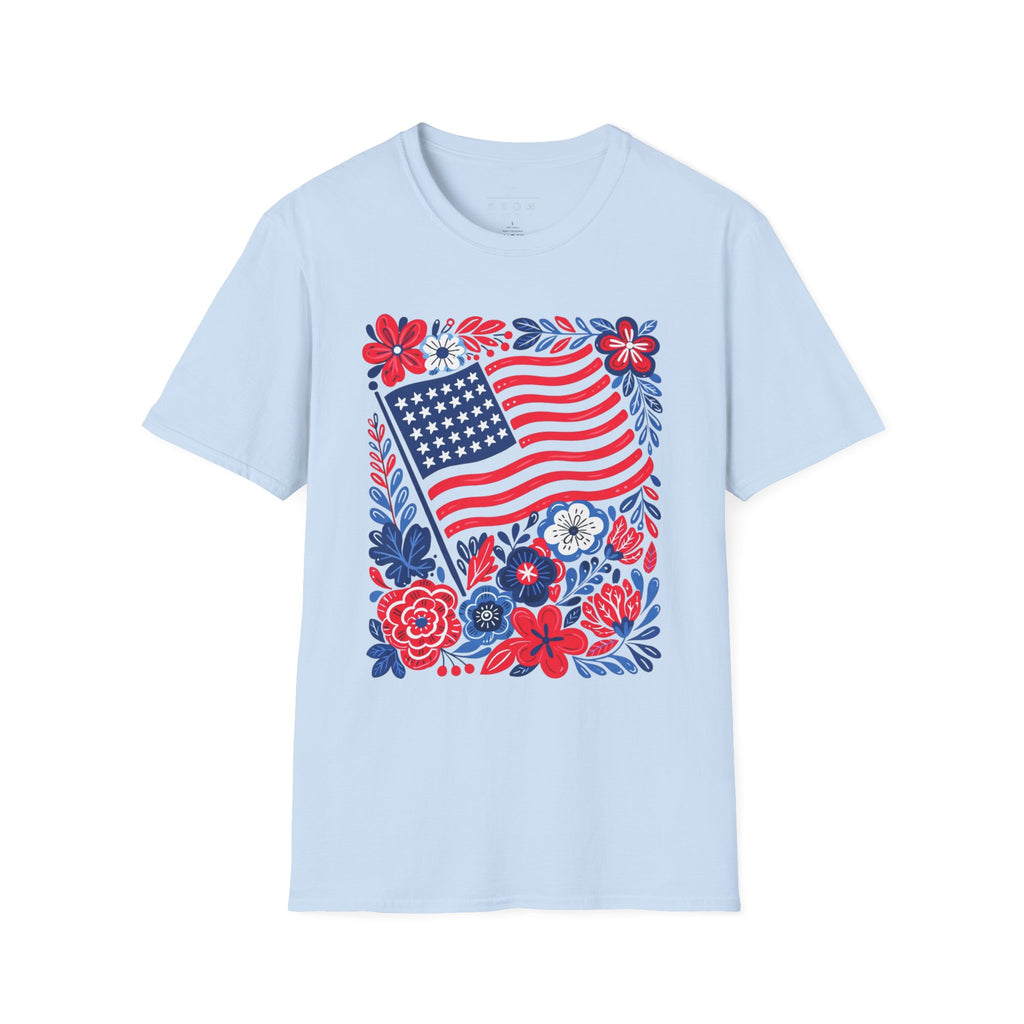 American Flag Floral T-Shirt — Patriotic Stars & Stripes Tee