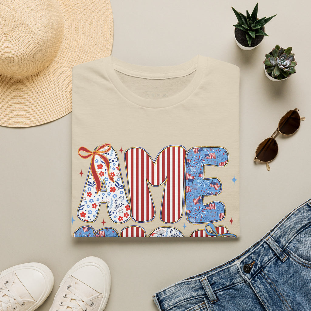 AME Retro Patriotic T-Shirt — Red White Blue Floral & Stripes Graphic Tee