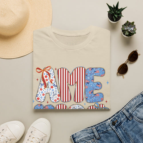 AME Retro Patriotic T-Shirt — Red White Blue Floral & Stripes Graphic Tee