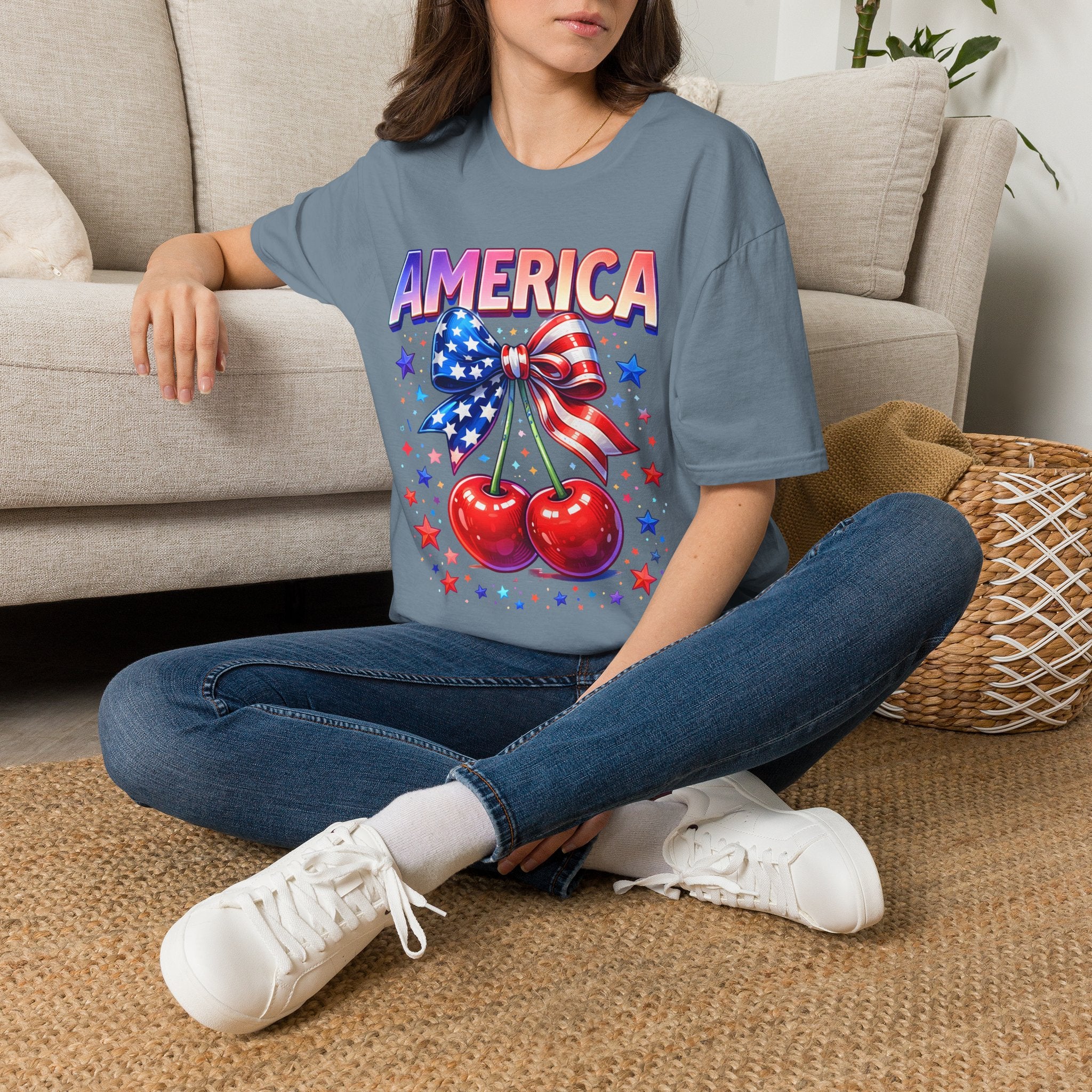 America Patriotic Cherry Graphic T-Shirt — USA Flag Bow 4th of July Tee