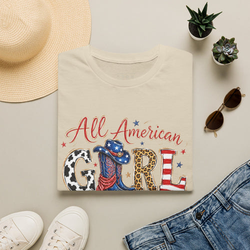 All American Girl T-Shirt — Patriotic USA Leopard & Flag Graphic Tee