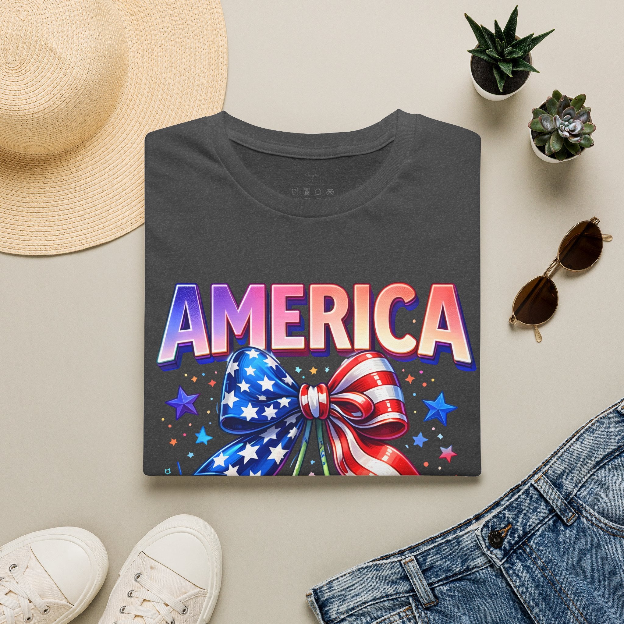 America Patriotic Cherry Graphic T-Shirt — USA Flag Bow 4th of July Tee