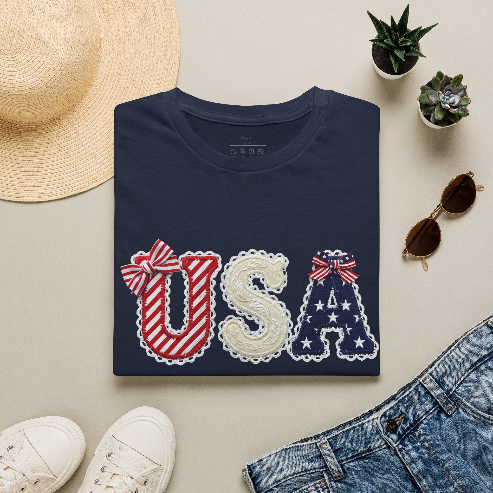 USA Applique T-Shirt — Patriotic 4th of July Flag Letter Tee