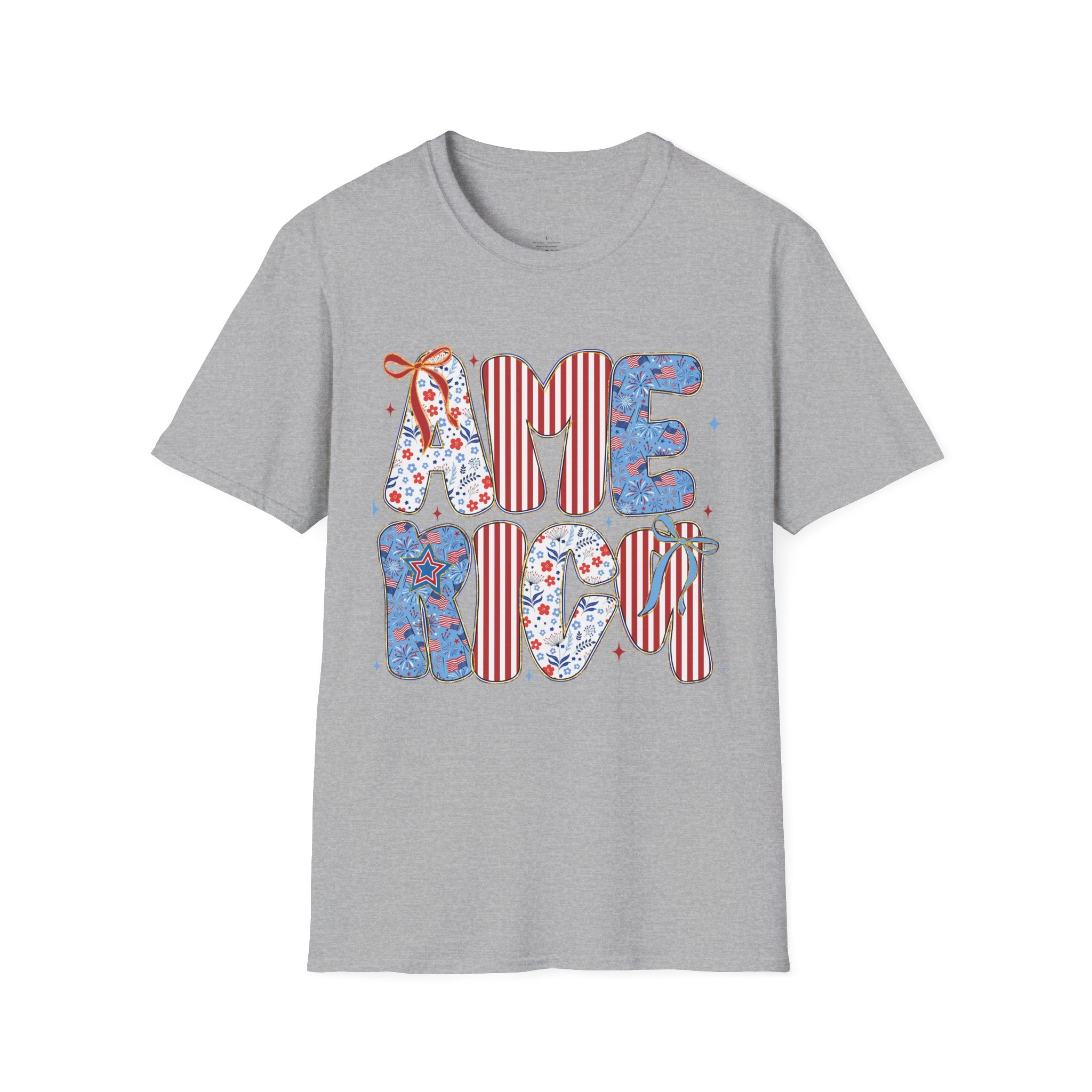AME Retro Patriotic T-Shirt — Red White Blue Floral & Stripes Graphic Tee