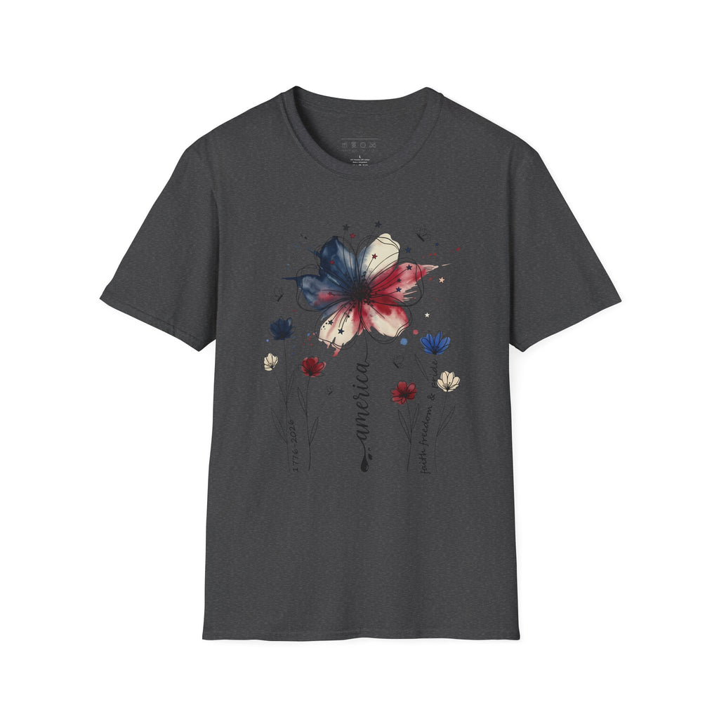 Butterfly Watercolor T-Shirt — Patriotic Red White Blue Floral Graphic